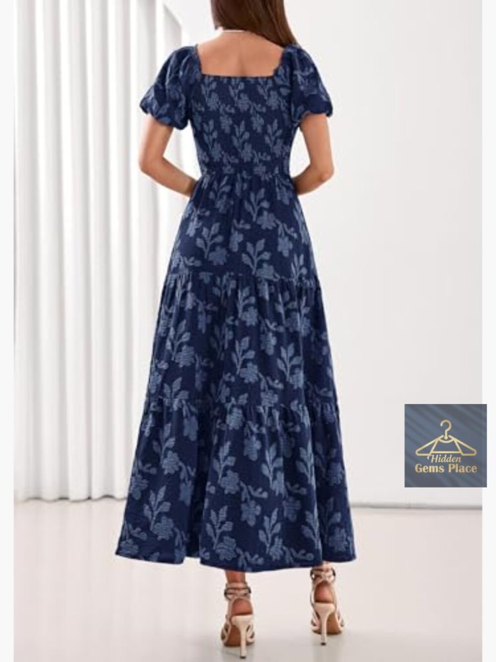 Boho Maxi Dress Floral Short Sleeve Square Neck Smocked Flowy Long Vacation - Picture 4 of 7